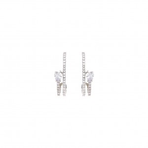 Brinco Earhook Duplo Cravejado Zircônia Cristal Banhado a Ródio Branco