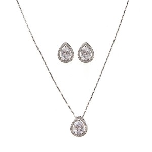 Conjunto Gota Zircônia Cristal 45 cm Banhado a Ródio Branco