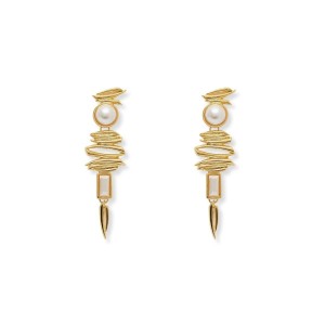 Brinco Rabisco Pendurado dourado com Pérola
