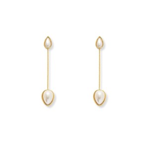 Brinco Gota Dupla Pérola Pendurado Dourado