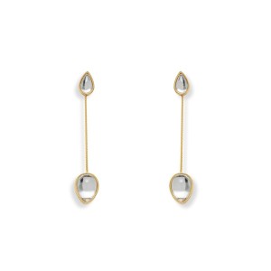 Brinco Gota Dupla Cristal Pendurado Dourado