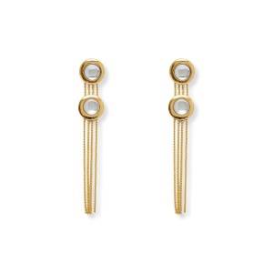 Brinco Solitário Duplo Pedra Cristal com Corrente em Dourado