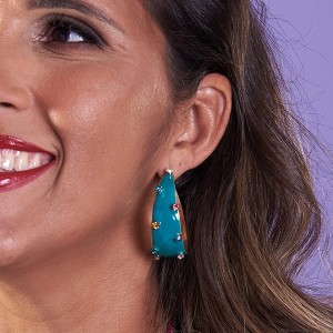 Brinco Argola Esmaltado Verde Com Pedras Cristal