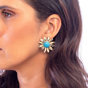Brinco Margarida Dourado com Resina Azul