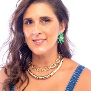 Brinco Flor Girassol Dourado com Esmaltado Verde