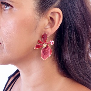 Brinco Flor Magnólia Vermelho e Dourado