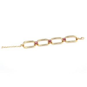 Pulseira Elo Retangular com Pedra Lilás e Dourado