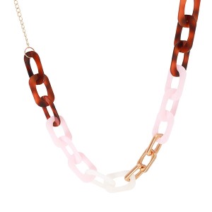 Colar Elos Achatados Corrente Esmaltada Tartaruga e Rosa