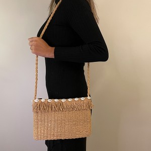 Bolsa Tiracolo Retangular Palha com Búzios Bege 