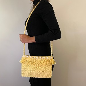 Bolsa Tiracolo Retangular Palha com Búzios Amarela