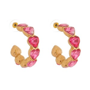 Brinco Argola Coração Pedra Rosa Escuro e Dourado