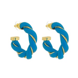 Brinco Argola Trançado em Couro Azul e Dourado