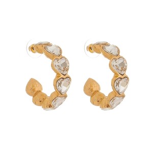 Brinco Argola Coração Pedra Branco Cristal e Dourado