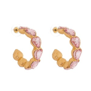 Brinco Argola Coração Pedra Rosa Claro e Dourado