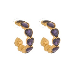 Brinco Argola Coração Pedra Roxa e Dourado