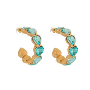 Brinco Argola Coração Pedra Azul Claro e Dourado