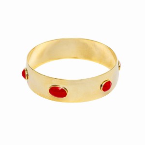 Pulseira Aro Largo Dourado com Bolas Ovais em Vermelho