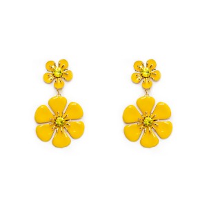 Brinco Flor Dupla Pendurada Esmaltado em Amarelo e Dourado