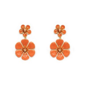 Brinco Flor Dupla Pendurada Esmaltado em Rosa e Dourado