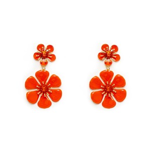 Brinco Flor Dupla Pendurada Esmaltado em Laranja e Dourado