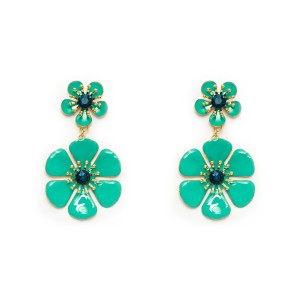 Brinco Flor Dupla Pendurada Esmaltado em Verde e Dourado