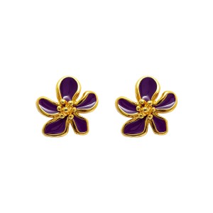 Brinco Flor Cinco Pétalas Pequena Esmaltado em Roxo e Dourado