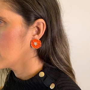 Brinco Margarida Esmaltado Laranja com Zircônia ao meio