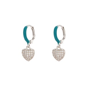 Brinco Argola Esmaltada Azul Petróleo com Coração Prateado em Zircônia Cristal