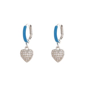 Brinco Argola Esmaltada Azul com Coração Prateado em Zircônia Cristal
