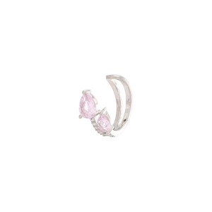 Brinco Piercing Falso Pedra Rosa Banhado a Ródio Branco
