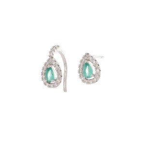 Kit Brinco e Piercing Gota Verde Paraíba Banhado a Ródio Branco