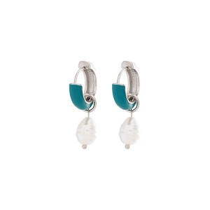 Brinco Argola Prateada Esmaltada Azul com Pérola