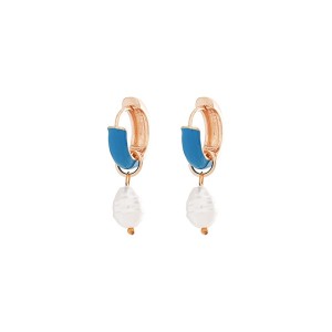 Brinco Argola Dourado Esmaltada Azul com Pérola