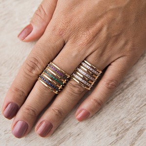 Anel 7 Fios banhado a Ouro e Ródio Branco Cravejado com Zircônia Cristal Banhado a Ouro 18k