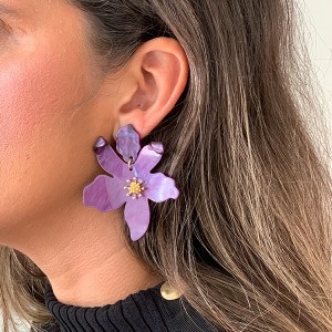 Brinco Flor Orquídea Acrílico Pendurada Roxo Com Dourado