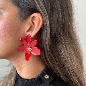 Brinco Flor Orquídea Acrílico Pendurada Vermelho Com Dourado