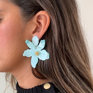 Brinco Flor Orquídea Acrílico Pendurada Turquesa Com Dourado