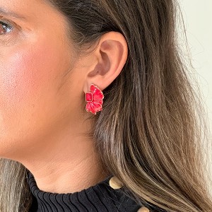Brinco Meia Flor Esmaltado Vermelho e Dourado