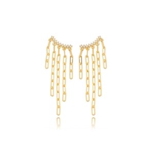 Brinco Ear Cuff Zircônia e Correntes Banhado a Ouro 18k