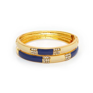 Pulseira Bracelete Dourado Esmaltado Bege e Azul e Strass Branco