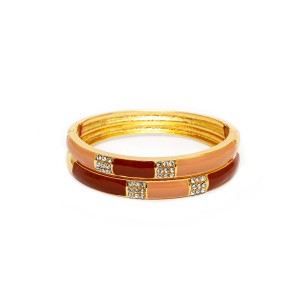 Pulseira Bracelete Dourado Esmaltado Bege e Marrom e Strass Branco