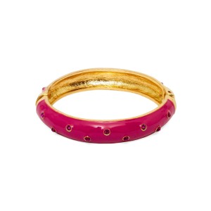 Pulseira Bracelete Dourado Esmaltado Rosa com Strass Branco Cristal