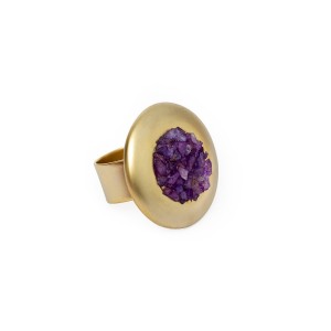 Anel Quartzo Roxo Regulável Dourado