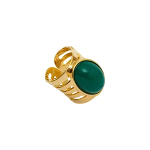 Anel Oval Resina Verde e Recortes Dourado Regulável