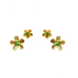 Brinco Flor P e M Pedra Verde e Dourado