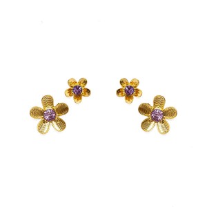Brinco Flor P e M Pedra Lilás e Dourado
