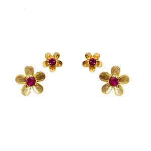 Brinco Flor P e M Pedra Rosa e Dourado