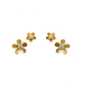 Brinco Flor P e M Pedra Branca e Dourado