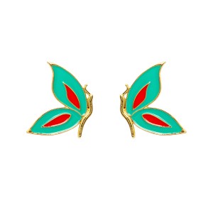 Brinco Libélula Esmaltado Verde e Laranja com Dourado