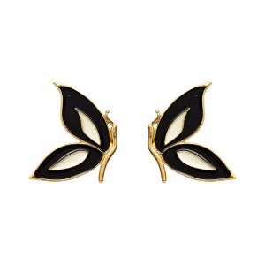 Brinco Libélula Esmaltado Preto e Branco com Dourado